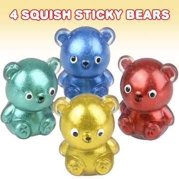 Artcreativity Squish Sticky Bear, Set Of 4, Glittery Squeeze Stress Relief Toys For Kids, Fidgeting Anxiety Toys In Assorted Col