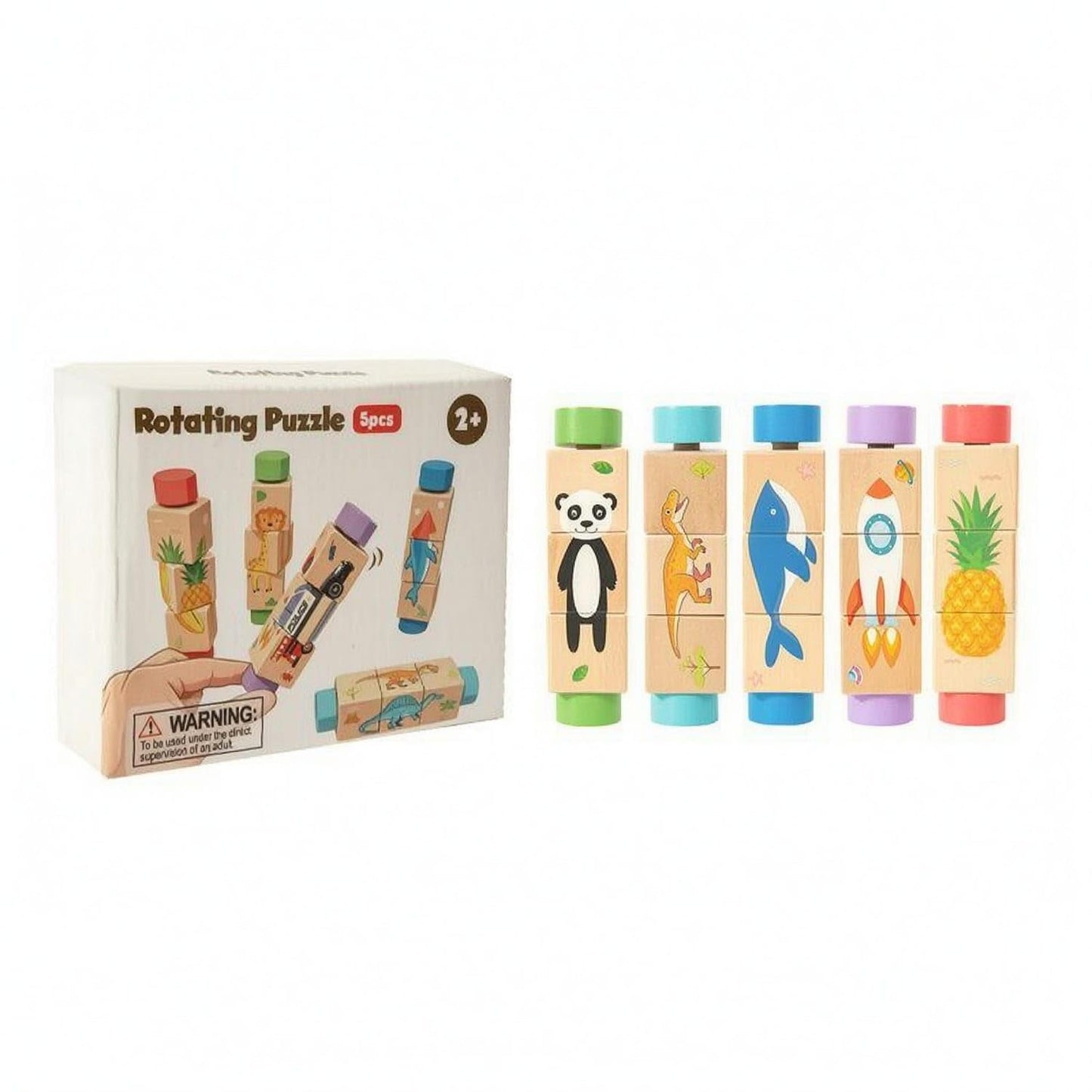 Zoomella 5 Pieces Early Learning Wooden Rotating Puzzle Smooth Cylindrical Block Puzzle Multicolor Picture Block Toy HandHeld F