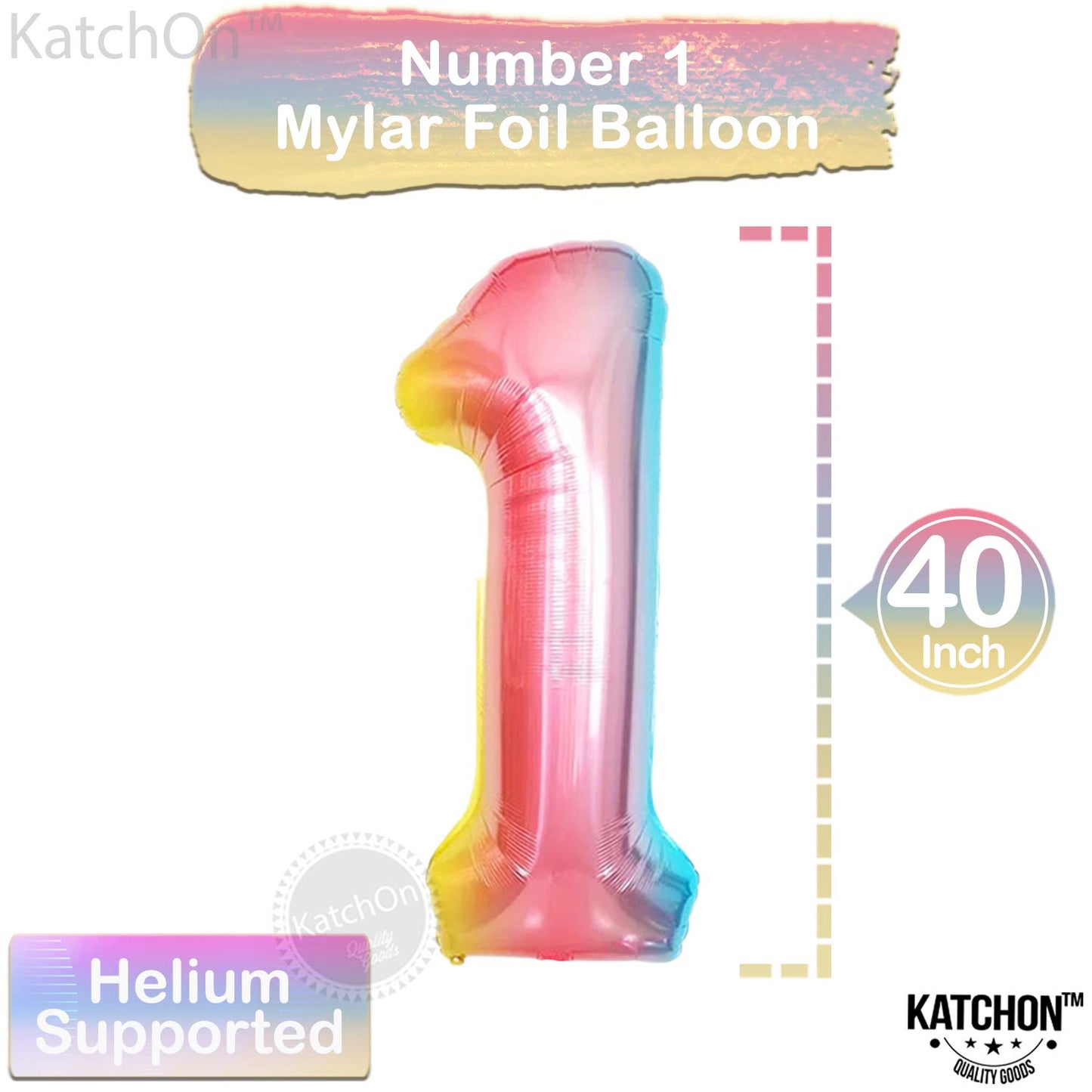 Katchon, Giant 40 Inch, Rainbow Number 1 Balloons - Number One Balloon For First Birthday | Foil Rainbow 1 Balloon For First Birthday | Rainbow 1 Year Old Balloon | First Birthday Decorations For Girl