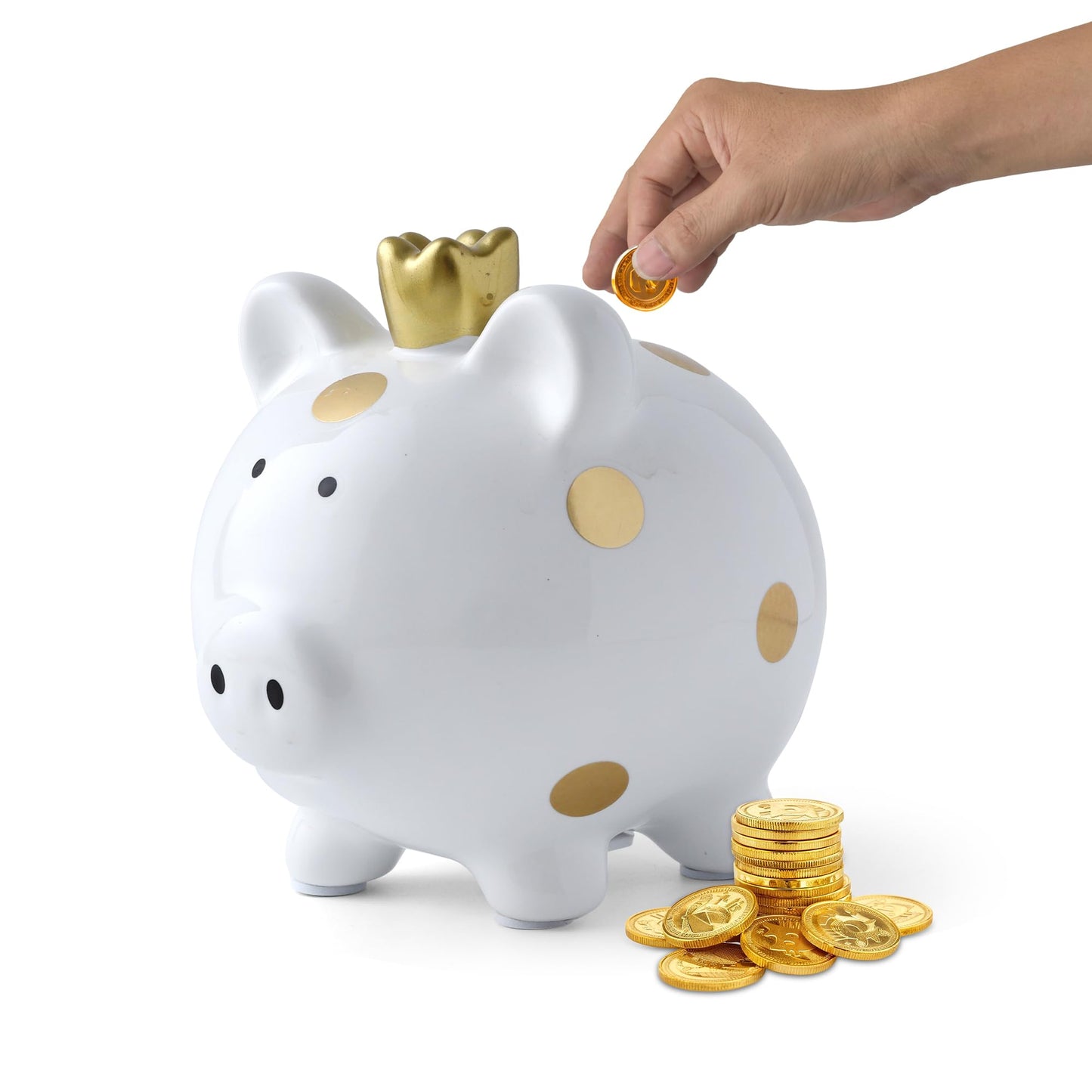 Sobeit Crown Small Porcelain Piggy Bank, Easy Access Money Saving Bank For Kids, White/4.64'L X 5.51'W X 5.19'H