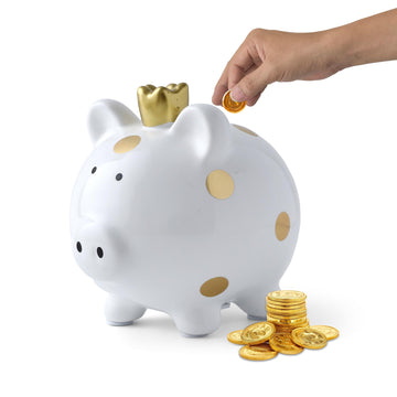 Sobeit Crown Small Porcelain Piggy Bank, Easy Access Money Saving Bank For Kids, White/4.64'L X 5.51'W X 5.19'H