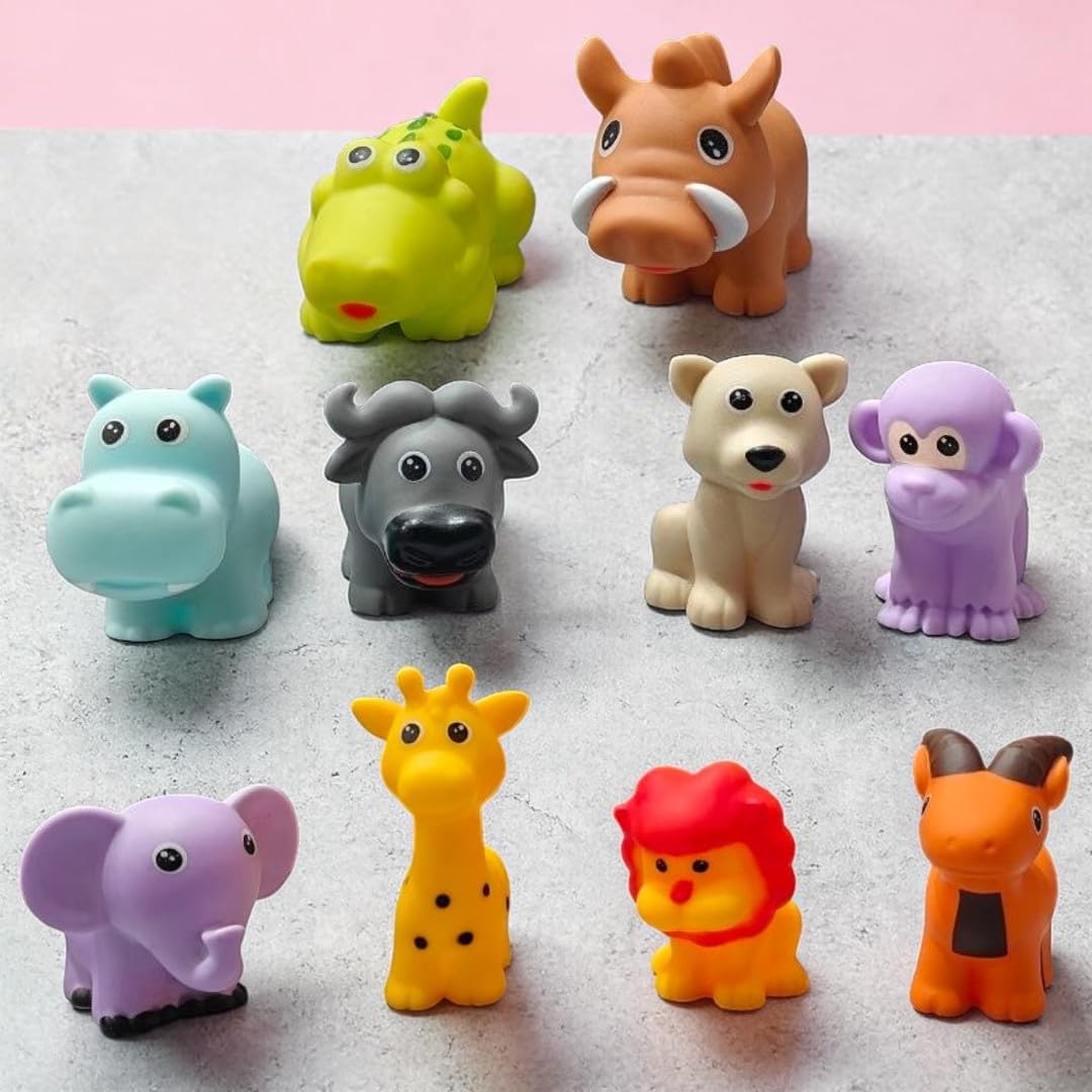 Sarasi Soft Squeeze Wild Safari Animal Figures Set, Colourful Squeaky Bath Toys For Toddlers, 10 Pieces
