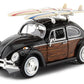 Compatible with 1966 Volkswagen Beetle with Surfboards Black/Wood 1:24 Motor MAX 79591