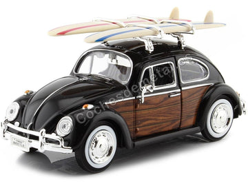 Compatible with 1966 Volkswagen Beetle with Surfboards Black/Wood 1:24 Motor MAX 79591