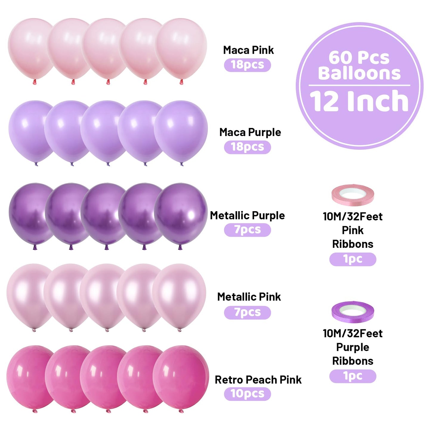 Funhot Pink Purple Balloons Set, 60Pcs Purple And Pink Party Balloon, 12Inch Pastel Metallic Purple Pink Latex Balloons Birthday