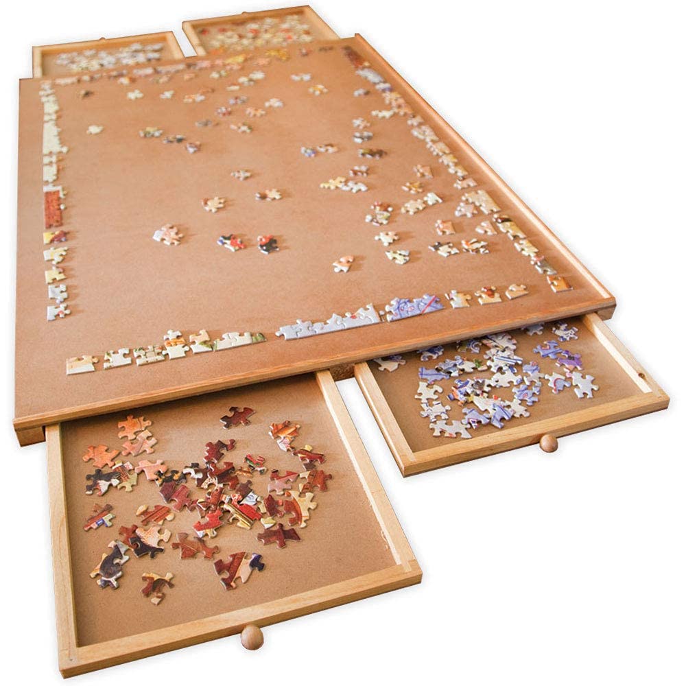 Bits and Pieces Puzzle Board with Drawers - 1000 Piece Jigsaw Puzzle Table Organizer enhanced Wooden Puzzle Board for mature-themeds 22.25x 30 Smooth Non-Slip Surface Portable Puzzle Table with Sorting Trays