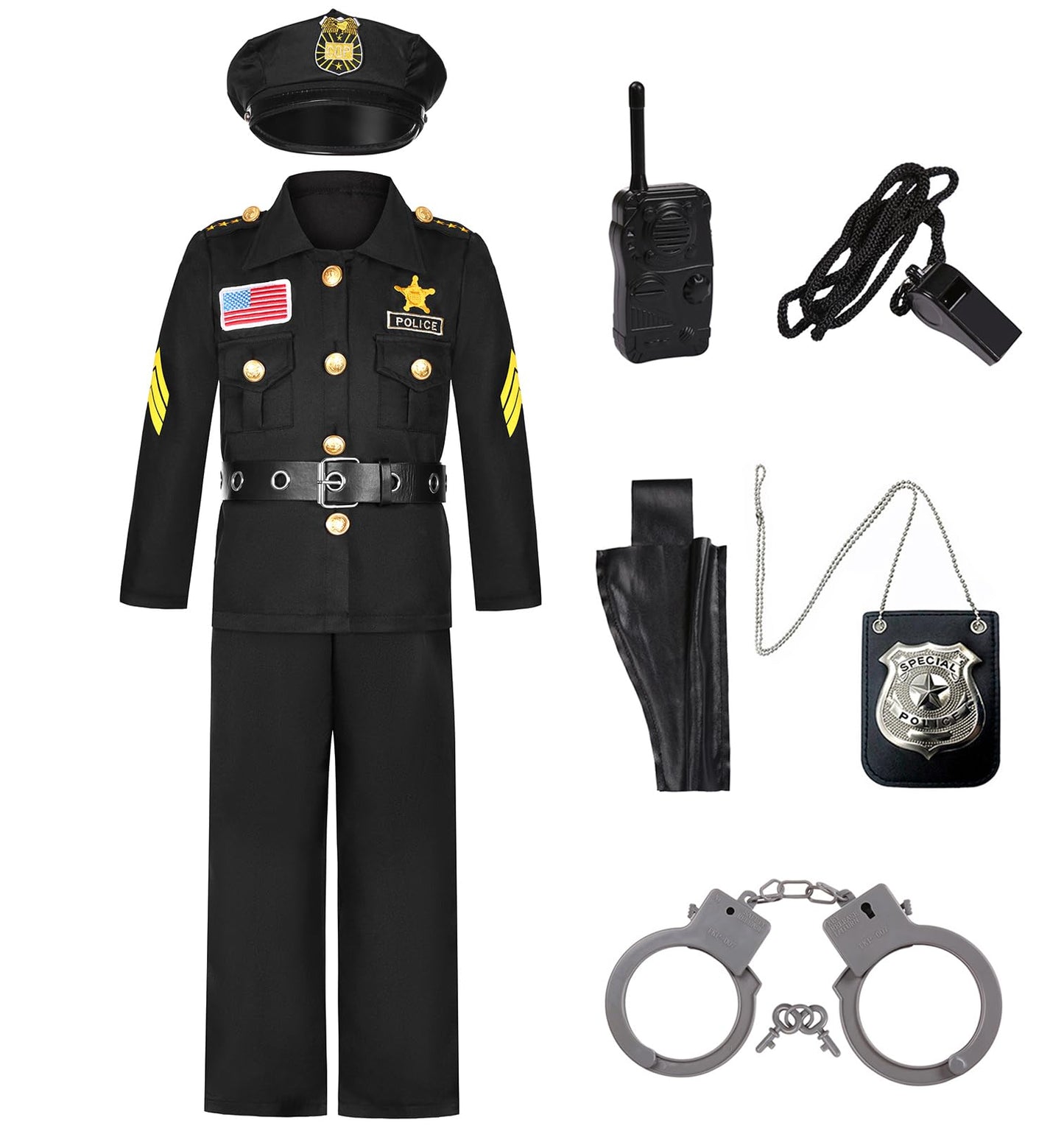 Frekuyrt Kids Police Costume Deluxe Police Officer Costume Cop Outfit Set For Boys Girls Halloween Cosplay Dress Up (8-10 Years)