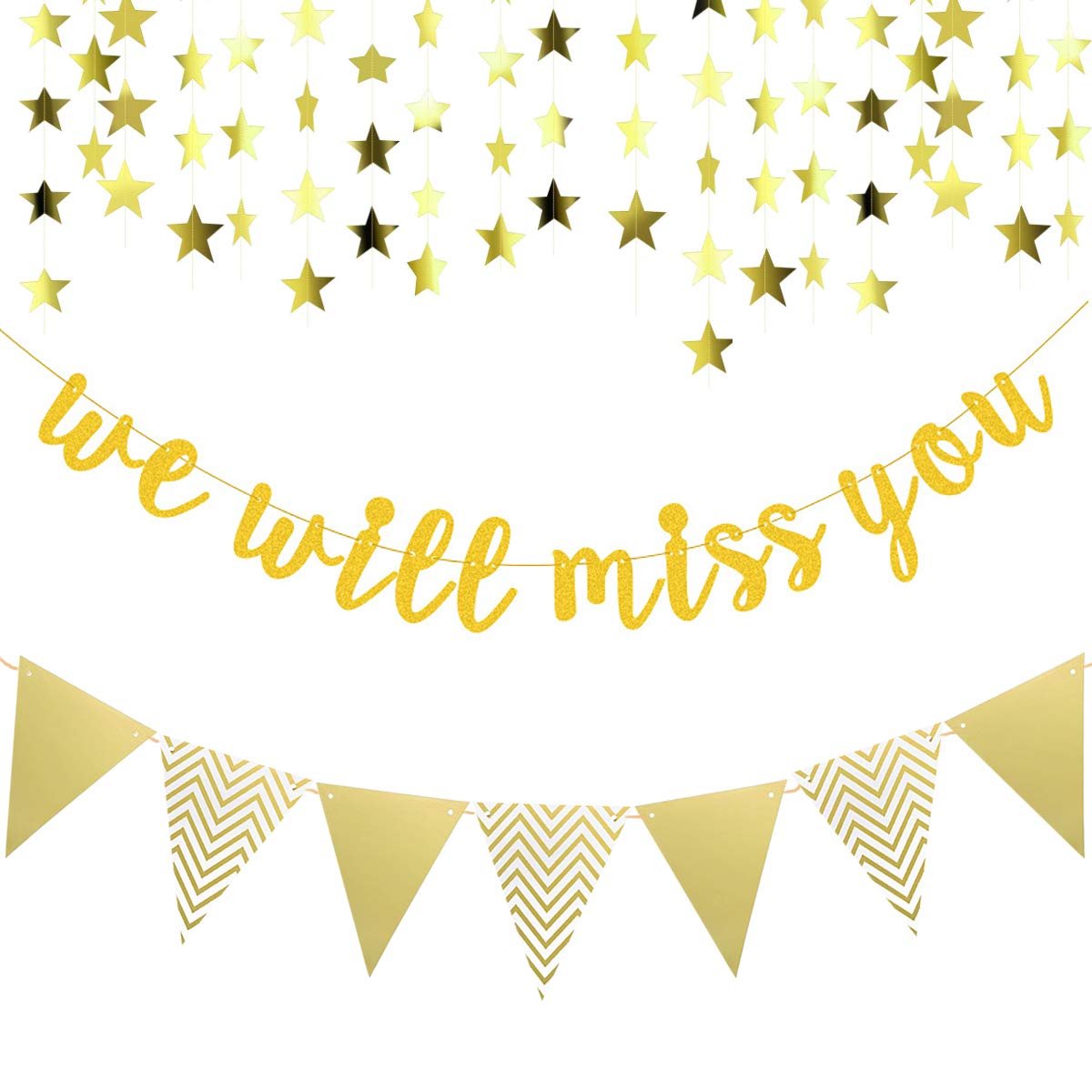 Gold Glitter Graduation Banner We Will Miss You and Triangle Flag Banner Star Swirl Banner for Farewell Party Decorations Suppli