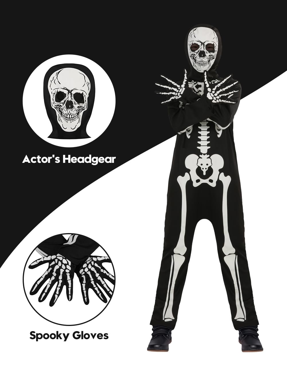 qqpouc Halloween skeleton costume kids glow in the dark skeleton costume on both sides Skuller candy bag for boys and grils