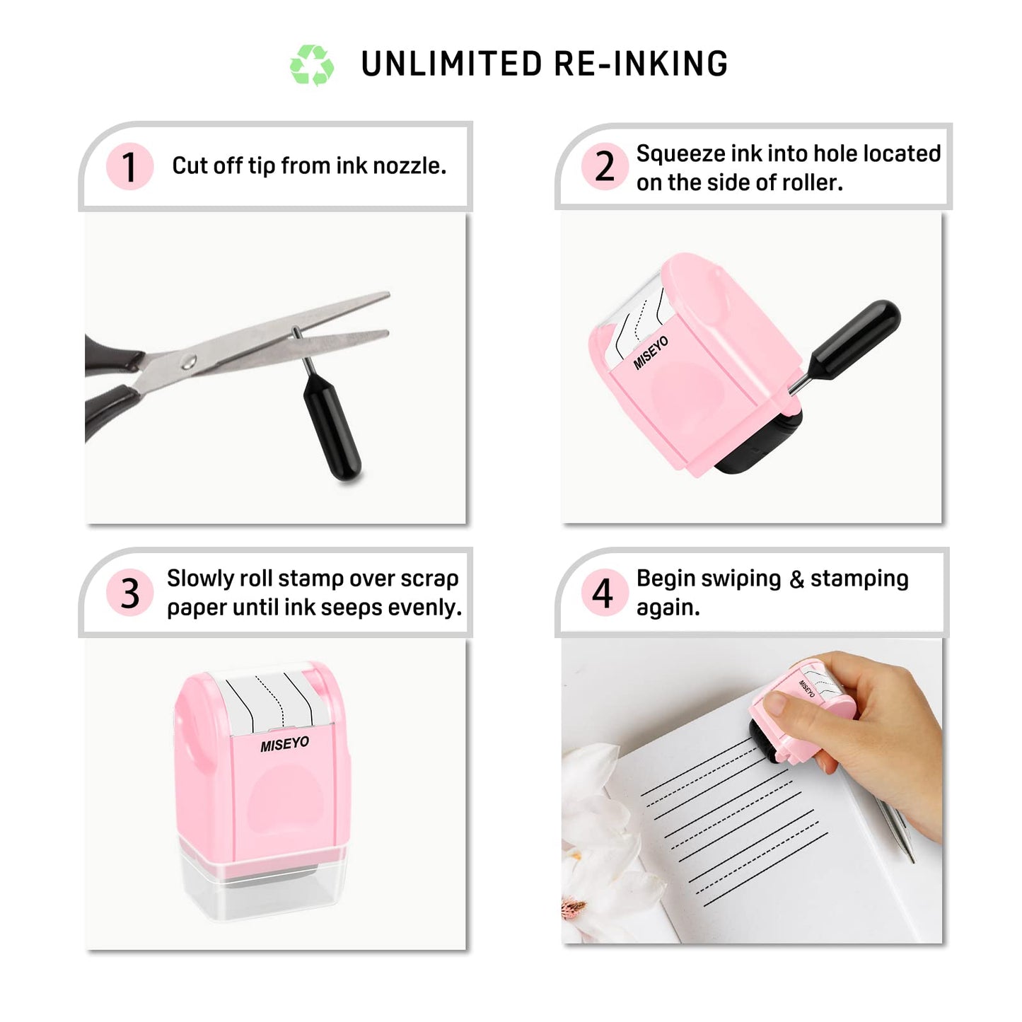 Miseyo Dashed Handwriting Lines Practice Roller Stamp,Self-Inking Line Rolling Stamps for Kids Writing - Pink