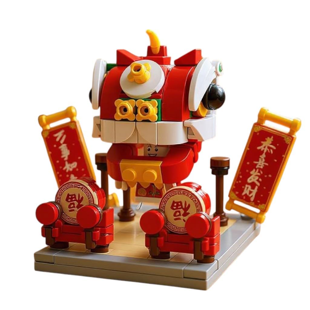 Sky Line Ocean Lion Dance Building Block Set (169 Pieces)  Chinese New Year Festival Toy With Drums & Banners  Compatible With