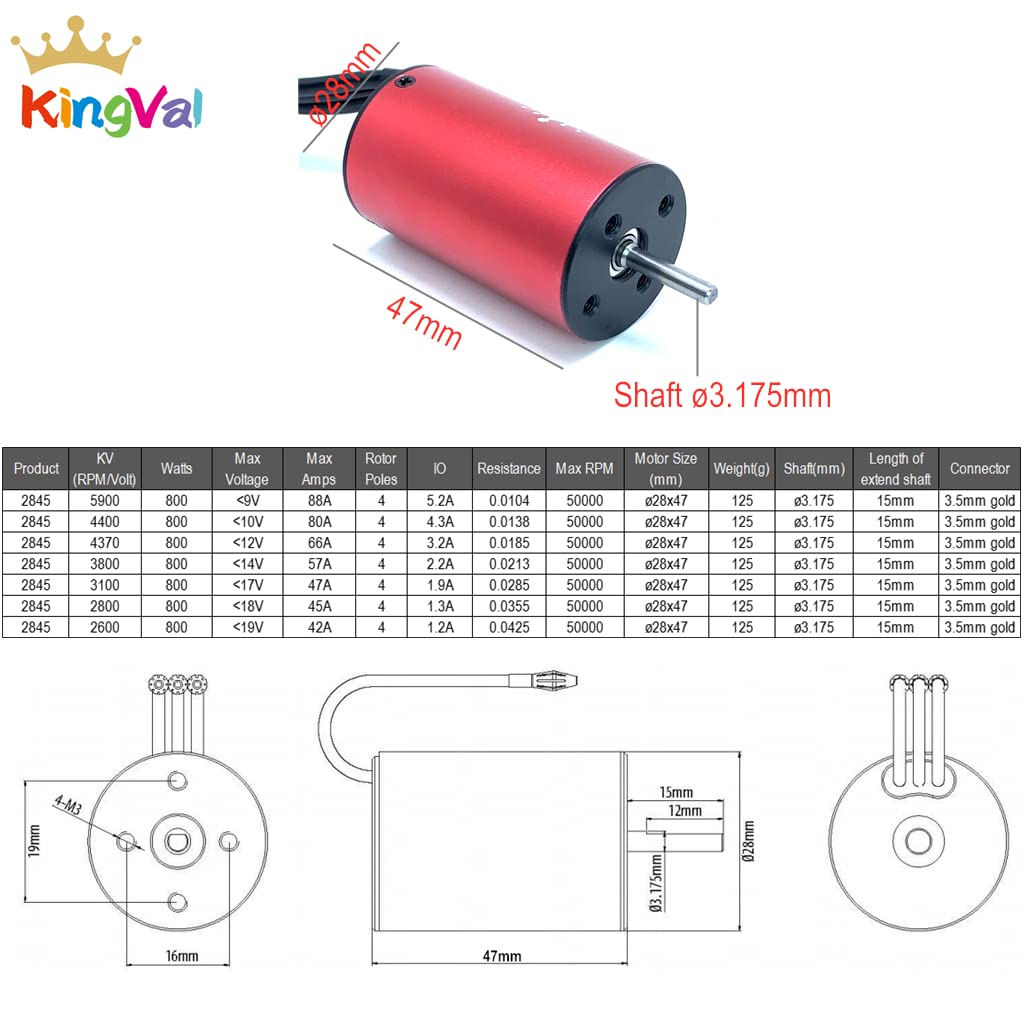KingVal Replacement 2845 3100KV Waterproof Brushless Motor Shaft 3.175mm Compatible with 1/14 RC Car