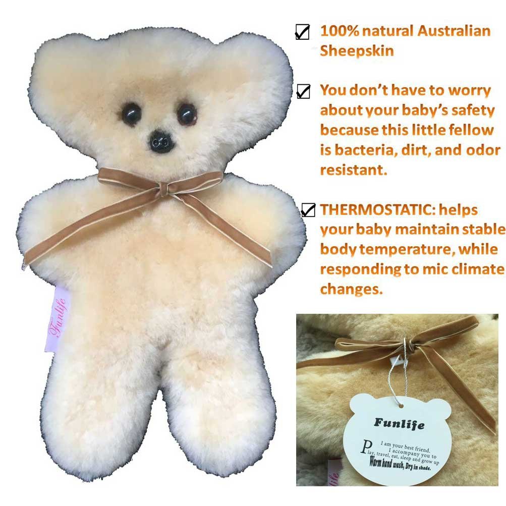funlife 100% Australian Soft Lambskin Flat Teddy Bear for Baby Birthday Gift,Natural Snuggle Bear for Infant,Cream