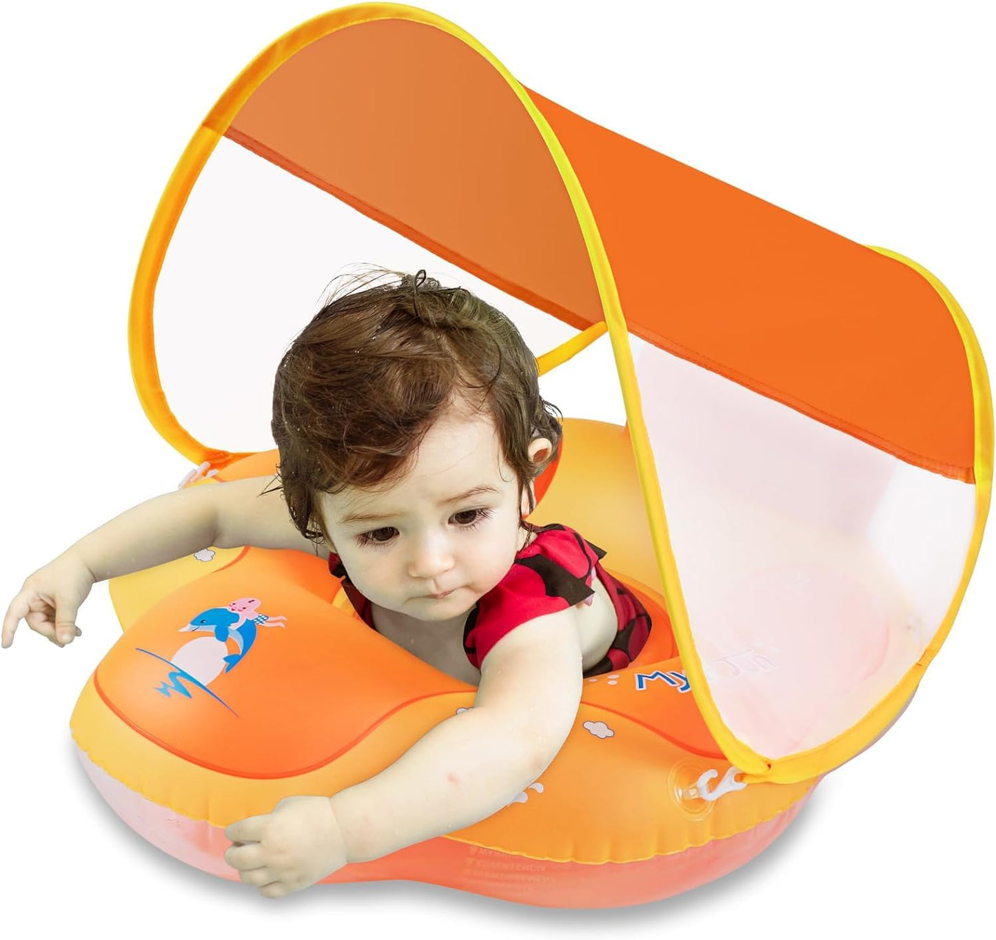 Myir Jun Baby Pool Float With Canopy, Inflatable Baby Pool Float Toddler Float Children Baby Float For Pool Baby Swim Trainer Toddler Swim Float (Orange, S,Float With Canopy)