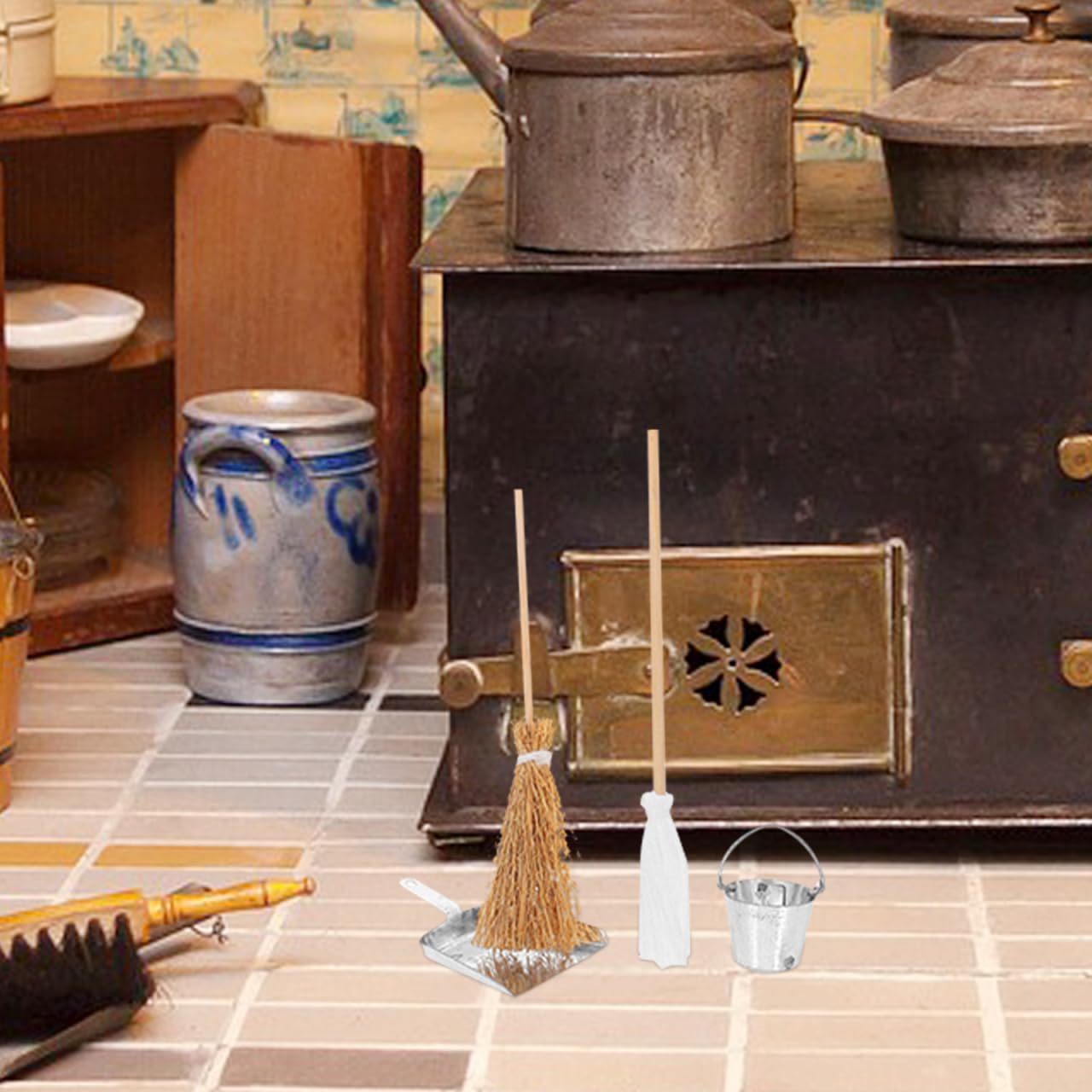 Abaodam Miniature Dollhouse Cleaning Set Mini Floor Mop Bucket Broom Dustpan Models Housework Tool Decoration Accessories For Di