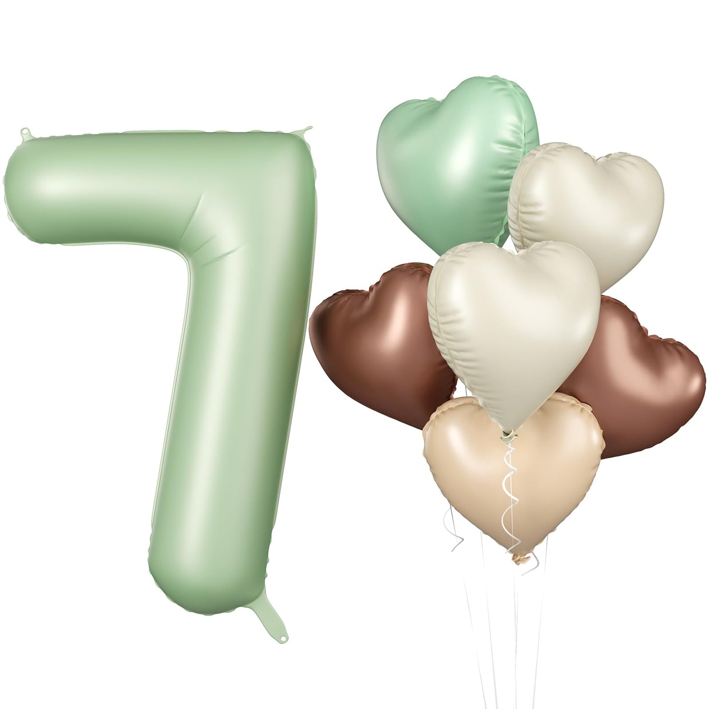 Biapian 40 Inch Sage Green Number 7 Balloons, 7Pcs Gaint Number 7 Balloon With 18'' Retro Foil Heart Balloons Helium For Neutral