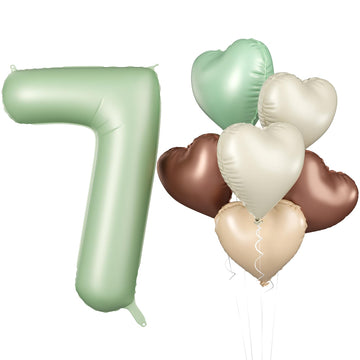 Biapian 40 Inch Sage Green Number 7 Balloons, 7Pcs Gaint Number 7 Balloon With 18'' Retro Foil Heart Balloons Helium For Neutral
