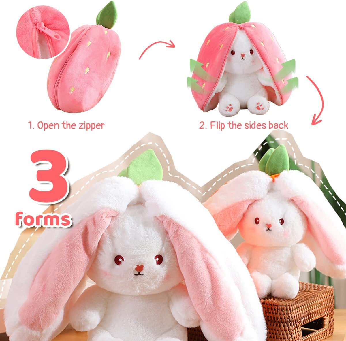 Miaodam 13.7Inch Large Easter Bunny Stuffed Animal, Kawaii Squishy Cute Easter Bunny Plush Turn Into Rabbit Fruit Doll Carrot Strawberry Pillow, Plushies Funny Bunny Toy For Baby Gifts For Girlfriend