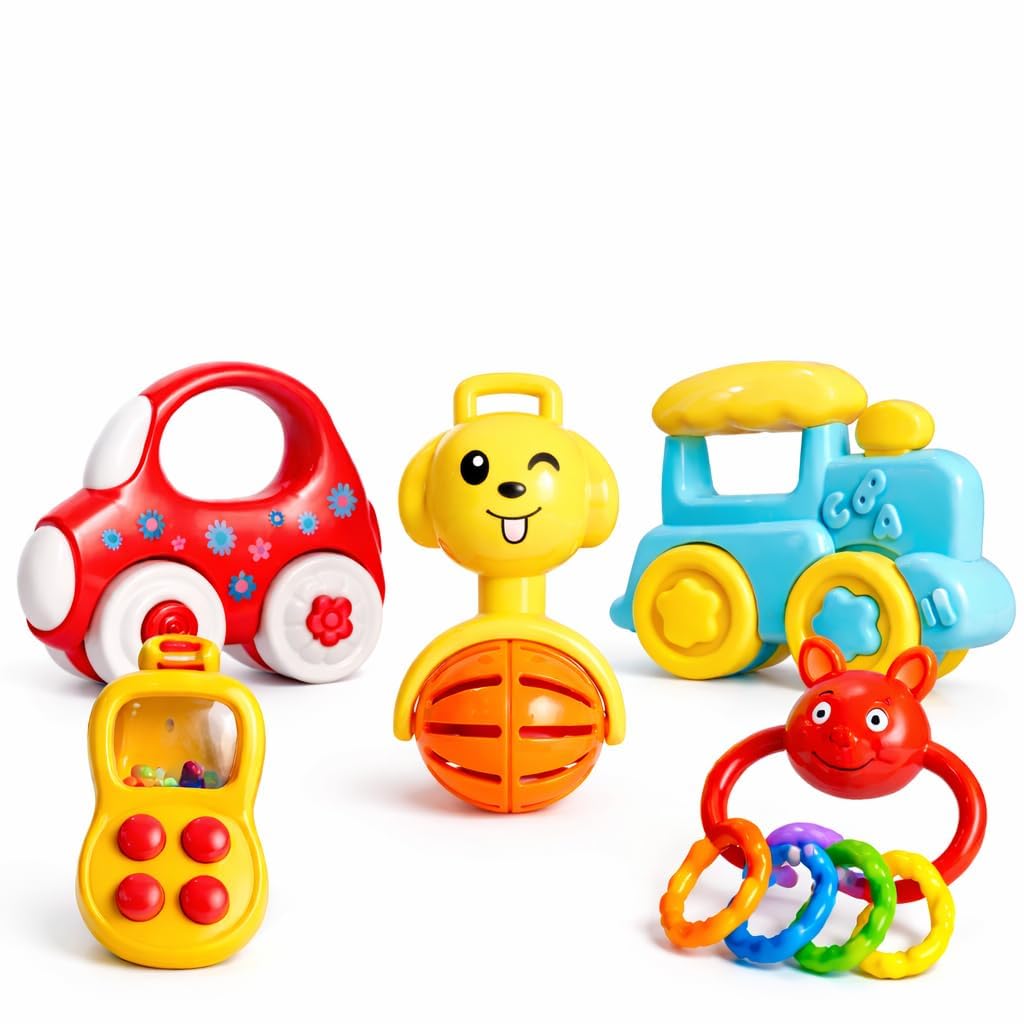Brand Conquer Baby Toys Pack of 4 for 13 Year Kids  Rotating Wheel Train, Rolling Car, Sound & Rattle Phone, Silicone Teether 