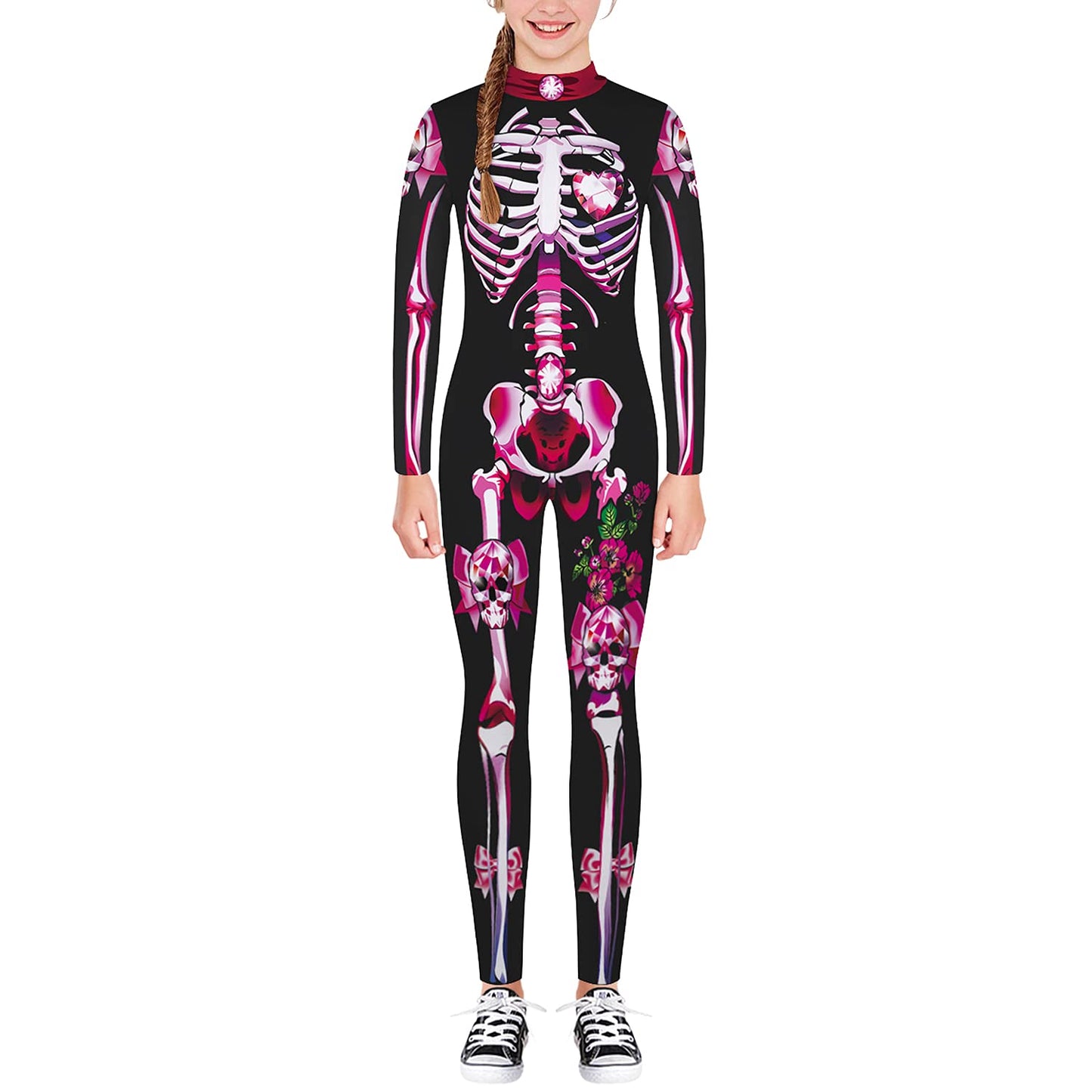 Remimi Skeleton Skin Costume For Boys Girls Bone Skull Stretchy Cute Fancy Jumpsuit Pink 13-14 Years