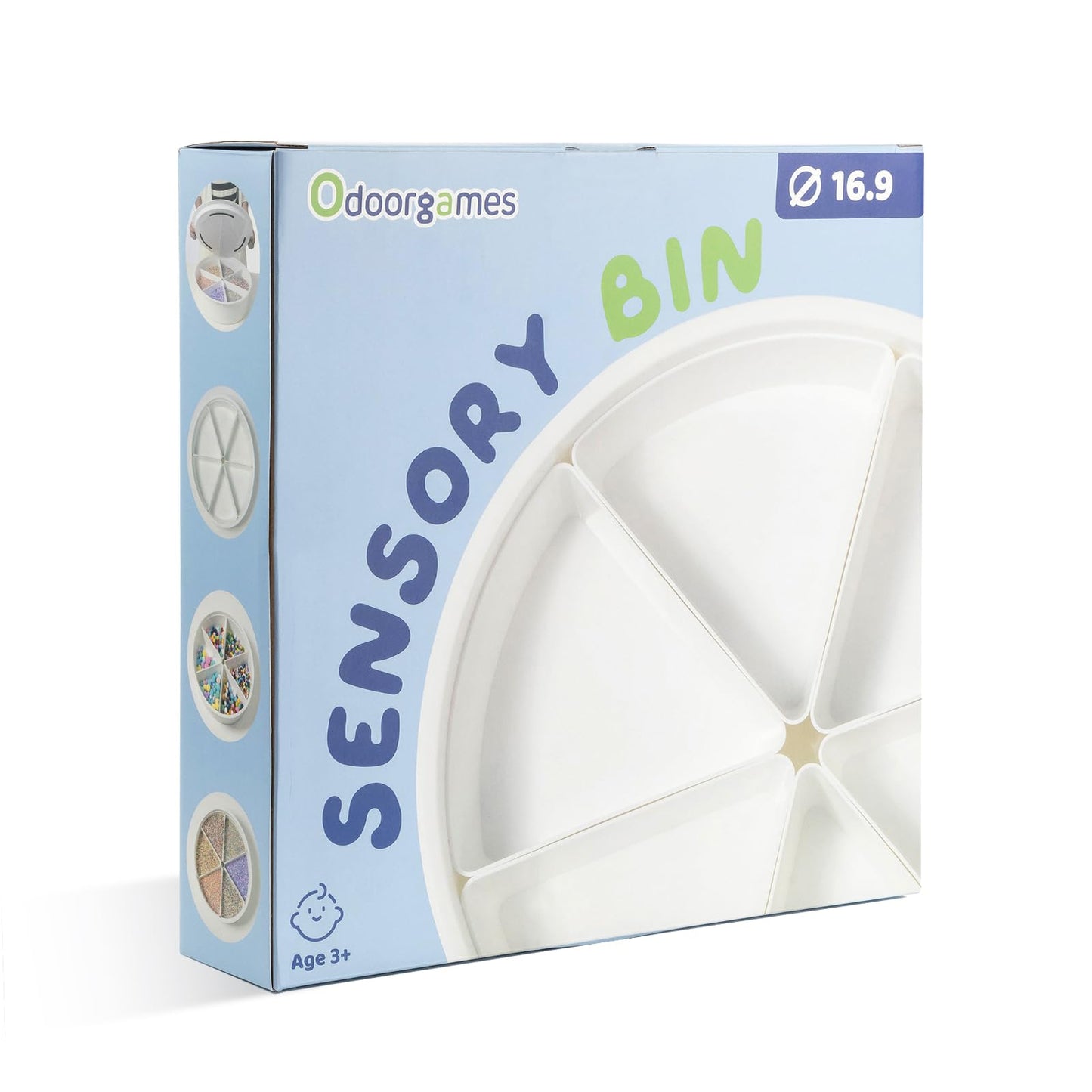 Odoorgames Large Round Sensory Bin with Lid, White Plastic, Includes 6 Removable Storage Dividers, Ideal for Toddler Play and Education