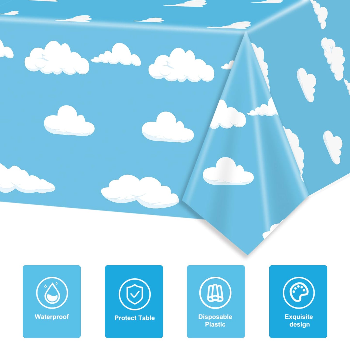 Auroraparty 3Pcs Cloud Birthday Party Tablecloth Blue Sky Table Cover Plastic Birthday Disposable Rectangle Birthday Table Cloth