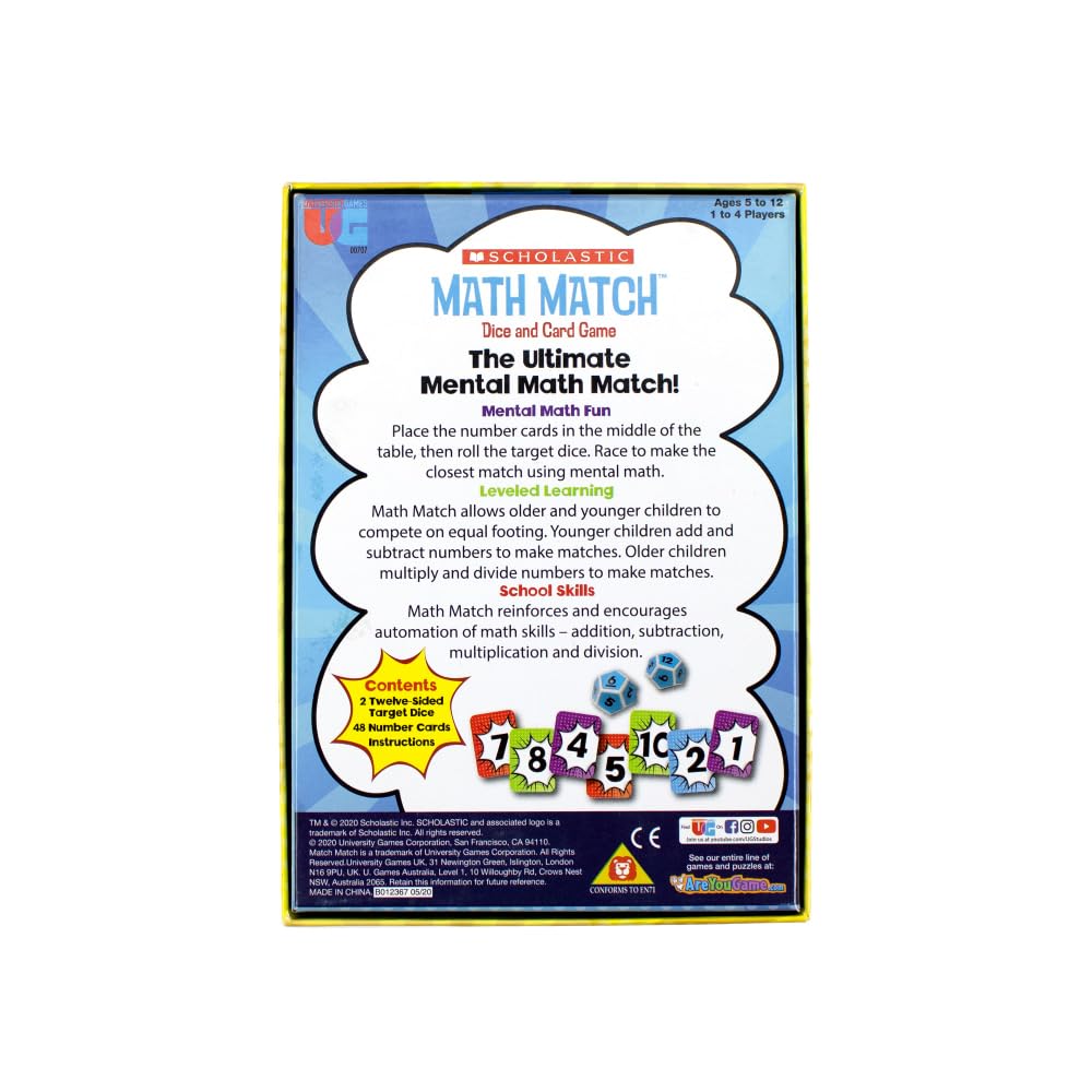 University Games, Scholastic Math Match Travel Dice Game, Mathematics Reinforcement Game For Kids, For 2 Or More Players Ages 5 And Up