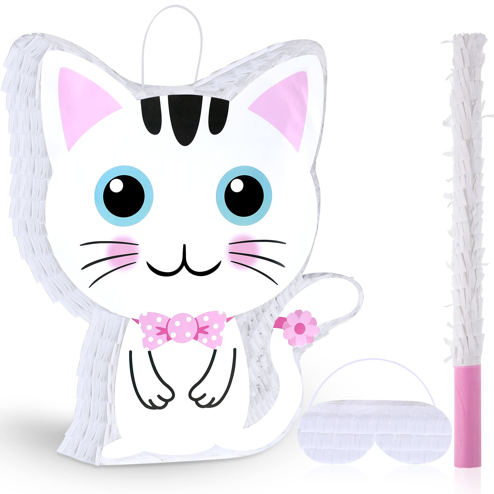 Aoriher Cat Piata Cat Birthday Party Supplies Kitty Cat Piatas with Blindfold and Bat Pink and White for Cat Party Favor Birthda