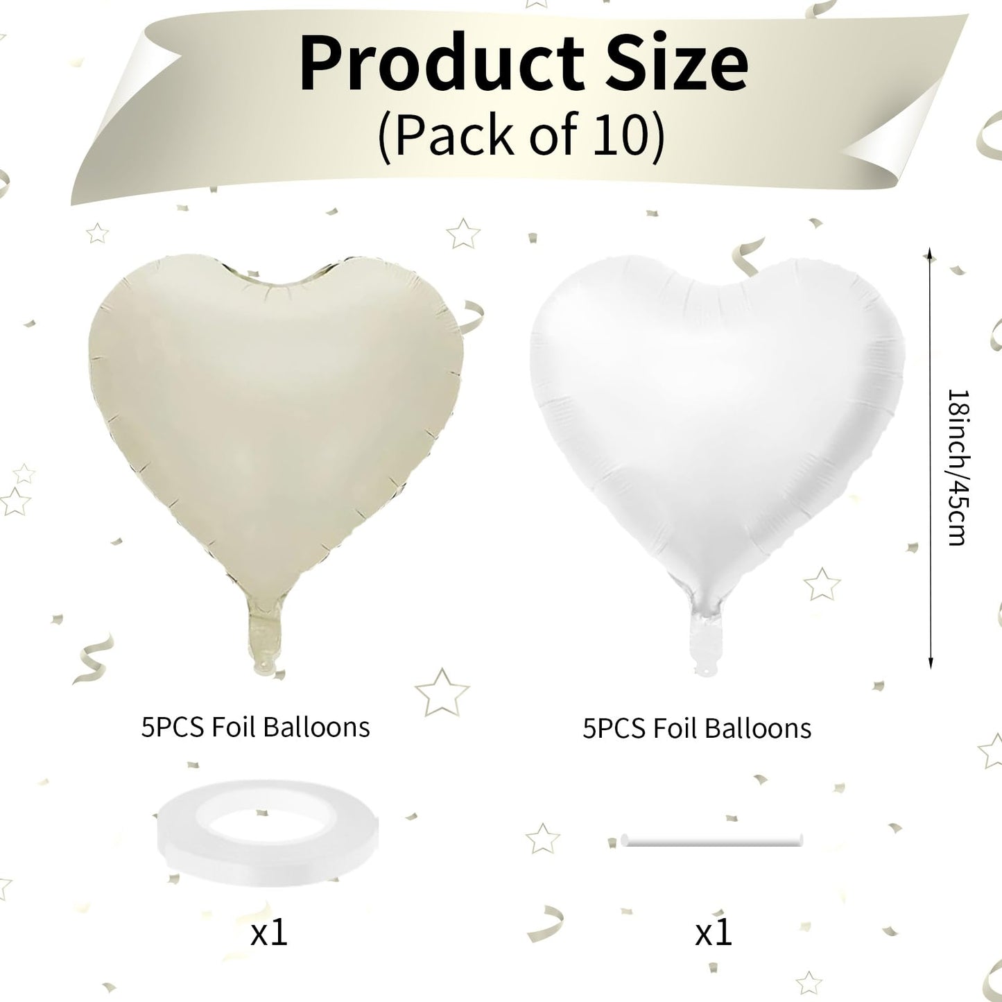 Biapian Cream Heart Balloons, 18 Inch Sand White Heart Shape Balloons Foil, 10 Pcs Beige Heart Balloons And White Foil Balloons