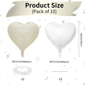 Biapian Cream Heart Balloons, 18 Inch Sand White Heart Shape Balloons Foil, 10 Pcs Beige Heart Balloons And White Foil Balloons