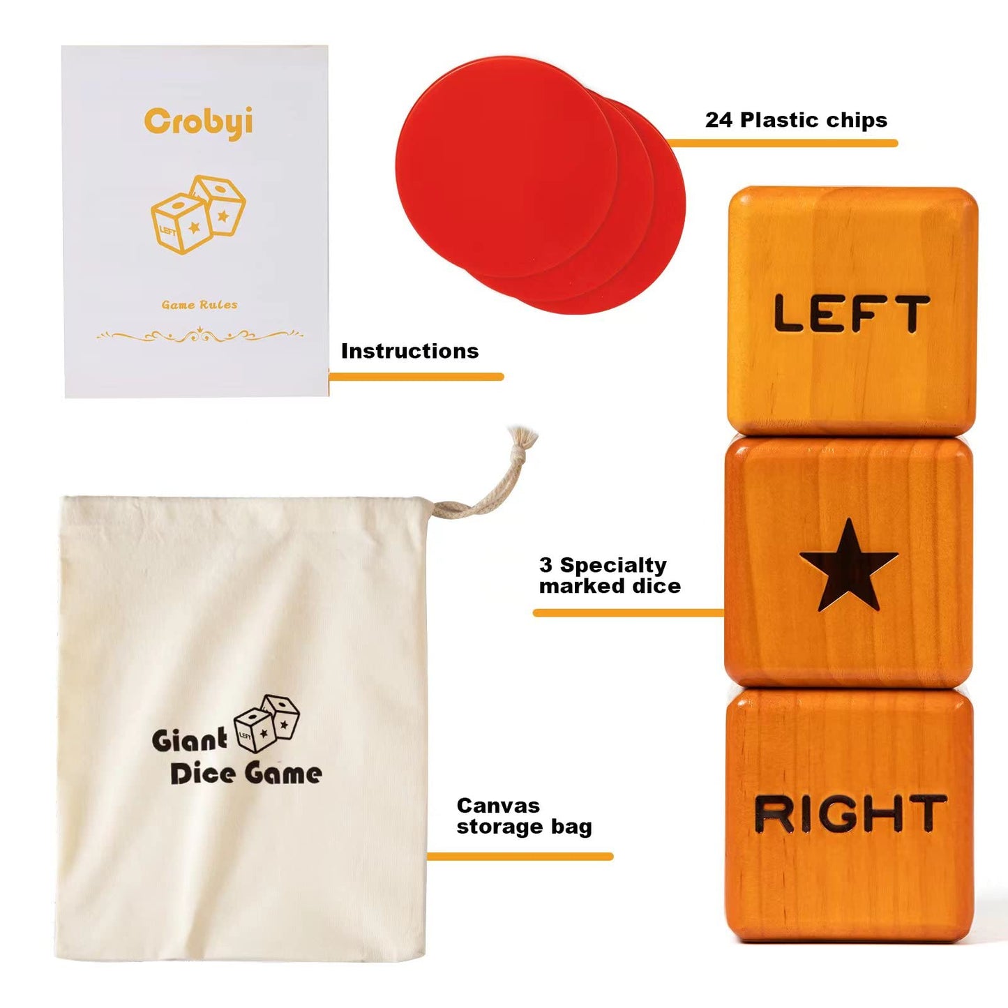 Crobyi Giant Right Center Left Dice Game With 24 Large Chips & Carry Bag. 3.5'' Giant Wooden Outdoor & Lawn Dice Game For Family