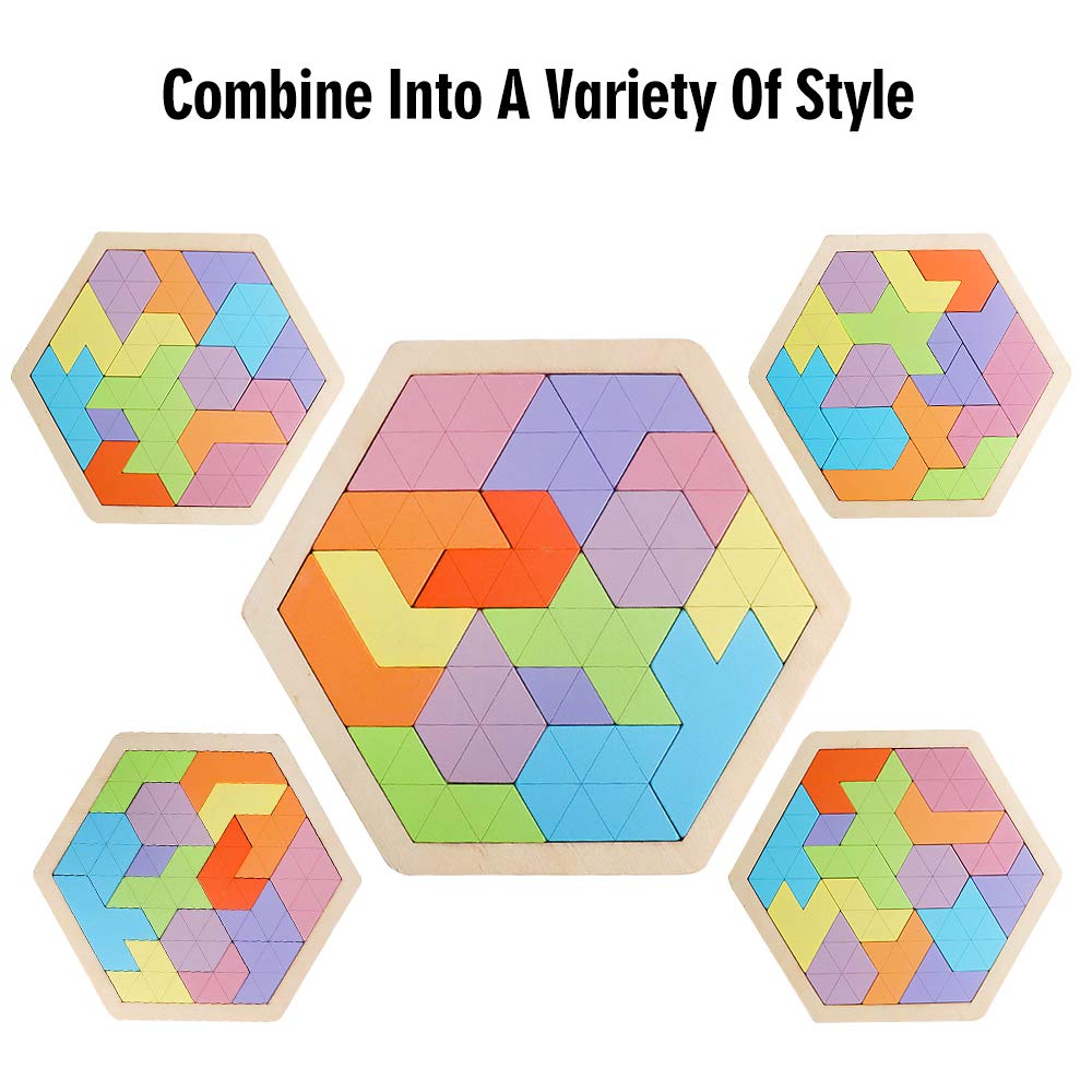 Skrtuan Wooden Hexagon Puzzle For Kid Adults Wooden Blocks Puzzle Brain Teasers Toy Shape Pattern Blocks Tangram Puzzles Games Family Portable Montessori Educational Gift For All Ages Children
