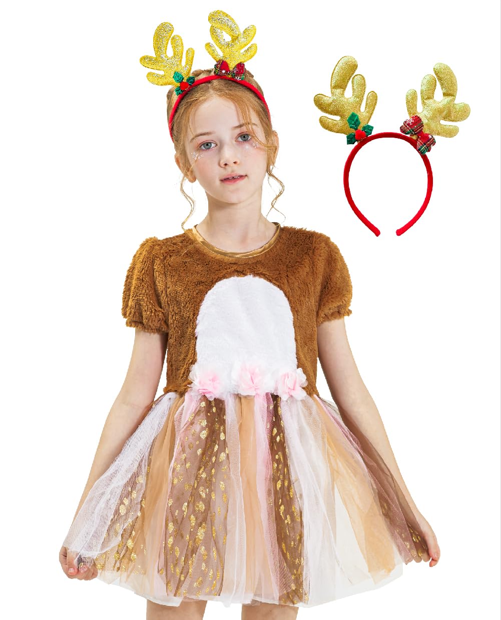 Ikali Girls Deer Fawn Costume, Christmas Party Fancy Tutu Dess Holiday Animal Theme Dress Up Role Play Reindeer Outfit With Head