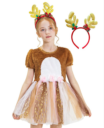 Ikali Girls Deer Fawn Costume, Christmas Party Fancy Tutu Dess Holiday Animal Theme Dress Up Role Play Reindeer Outfit With Head