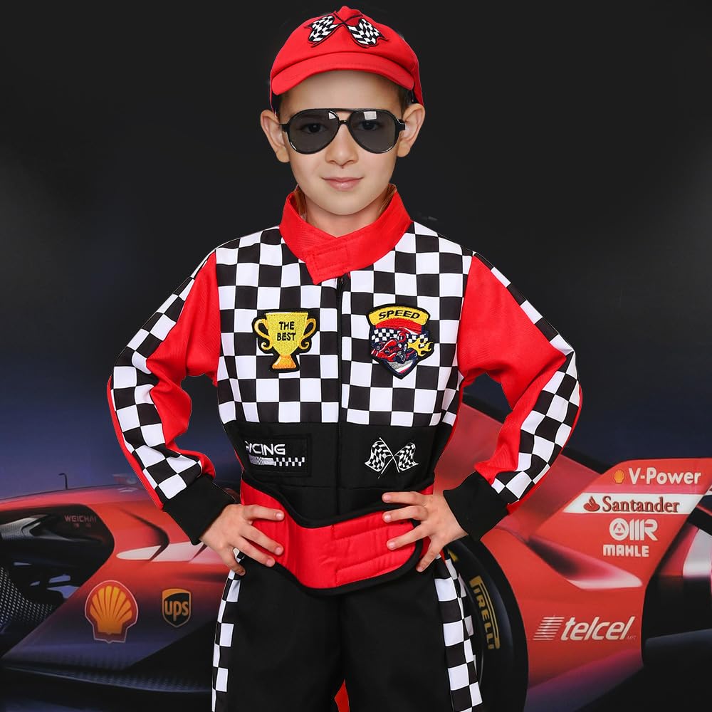 Latocos Kids Race Car Driver Costume Boys Girls Racer Jumpsuit With Car Cap Sunglasses Kids Dress Up Role Play For Halloween