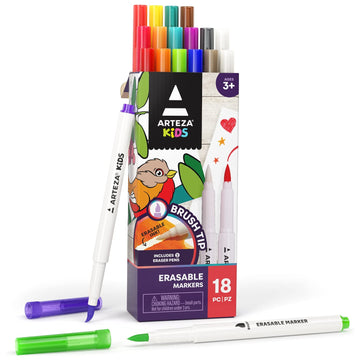 ARTEZA Kids Washable Markers, Bright Colors, 16 Brush Tip Erasable Marker Pens and 2 Eraser Pens, School Supplies for Kids Ages 