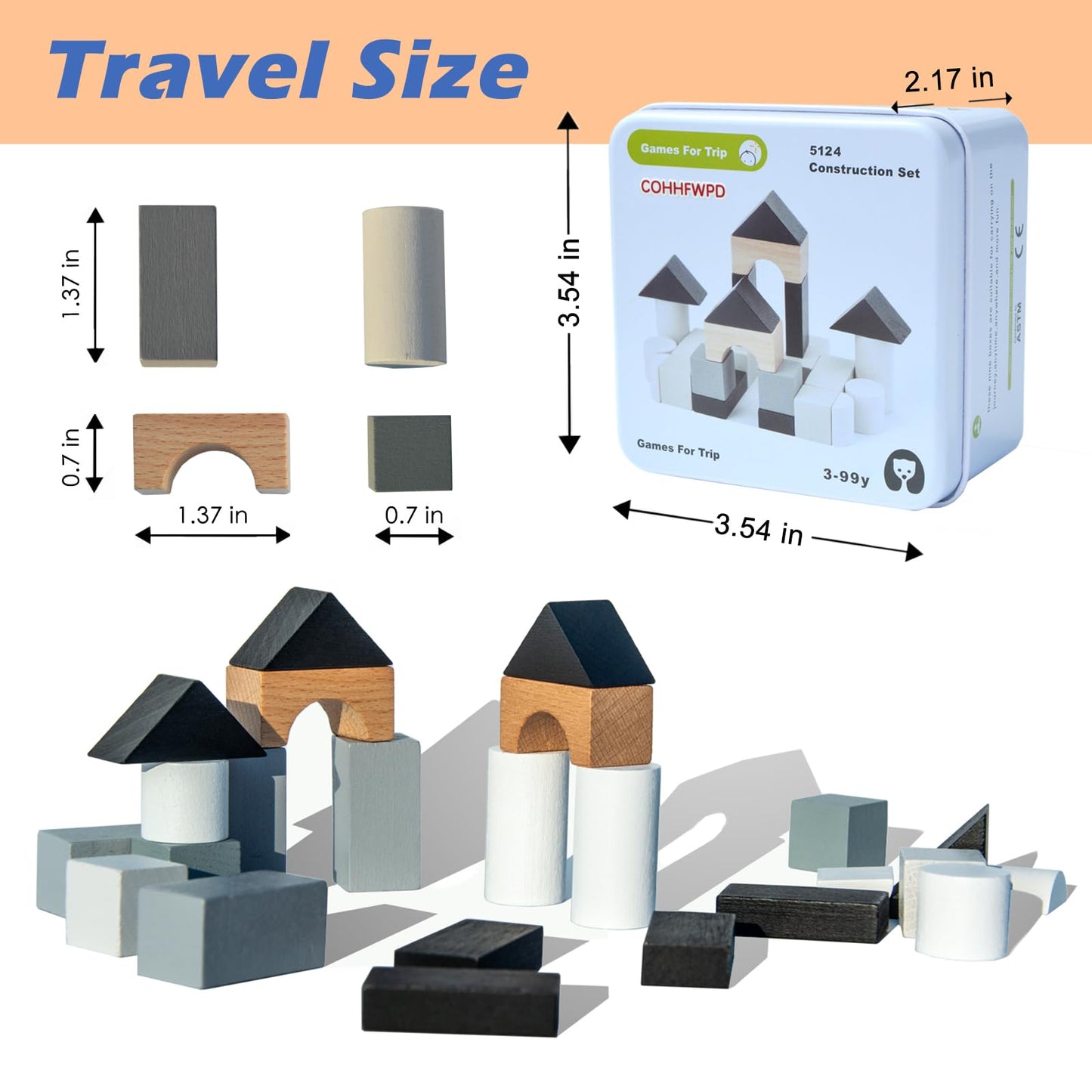 Cohhfwpd Wooden Building Blocks, Stacking Blocks Mini Size In Tin Box For Travel, Educational Toy Set For Child Ages 6+ And Adul