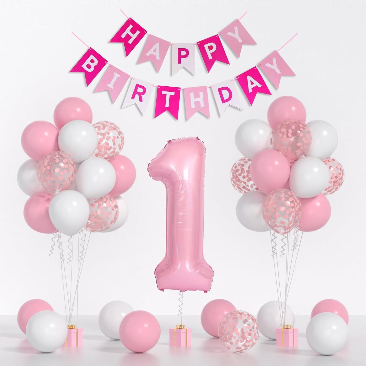 Yumiche First Birthday Decorations for Girl - Pink Balloon Set, 40" '1' Balloon, White Confetti, Happy Birthday Banner