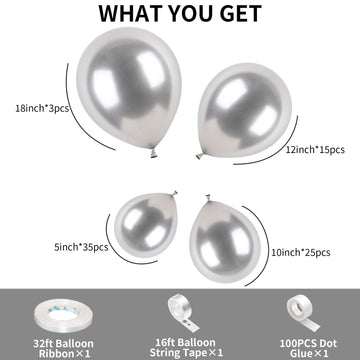 Metallic Silver Balloons Latex Balloon 5 10 12 18Inch Different Sizes 81Pcs Chrome Silver Balloon Kit For Birthday Party Decoration Heilum Balloon Garland Wedding Anniversary