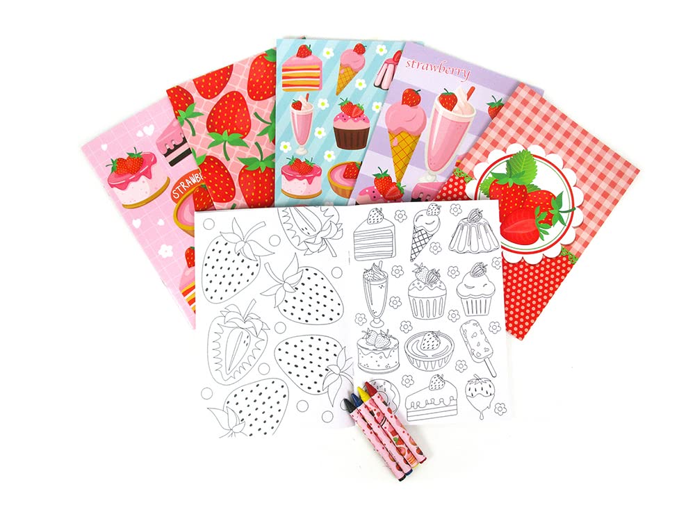 TINYMILLS Strawberry Coloring Book Set with 12 Coloring Books and 48 Crayons Strawberry Birthday Party Supplies Favor Bag Filler