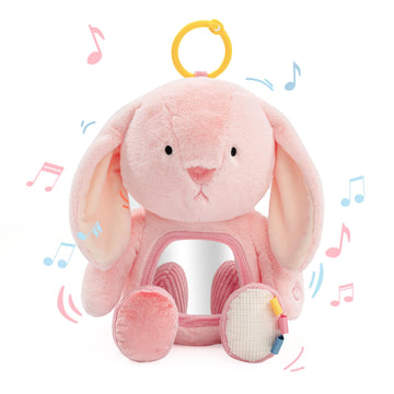Koty Musical Tummy Time Toy Baby Mirror Toy 3 Years Old  Infant Sensory Toy with Crinkle Sounds  Textures  Mirror & Melody Music Box for Tummy Time and Self-Discovery (Pink Rabbit)