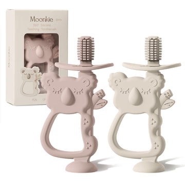 Moonkie Teething Toy Set Of 2, Safe & Easy To Hold Bpa Free Silicone Teethers, 360 Baby Toothbrush With Suction Base, Teether To