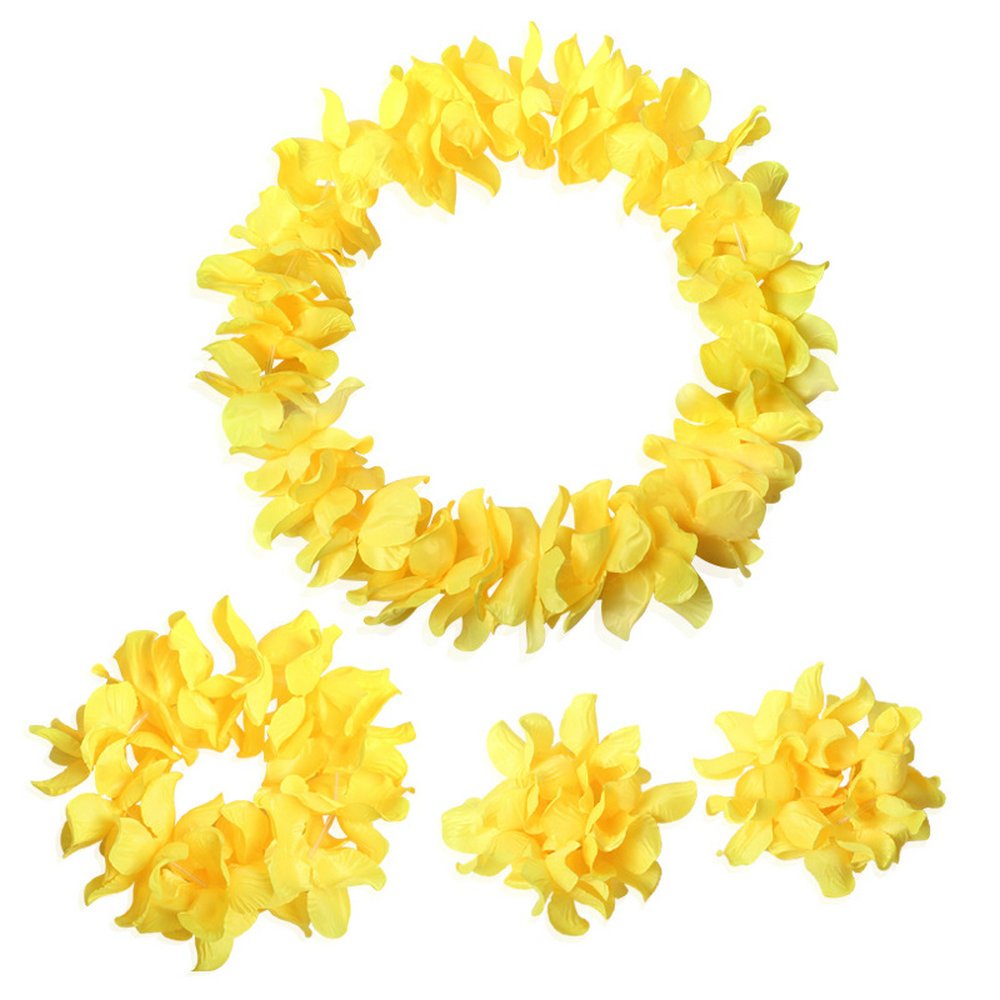Bajotal Hawaiian Luau Hula Grass Skirt With Large Flower Costume Set For Dance Party Decorations Favors (32'' - Yellow)