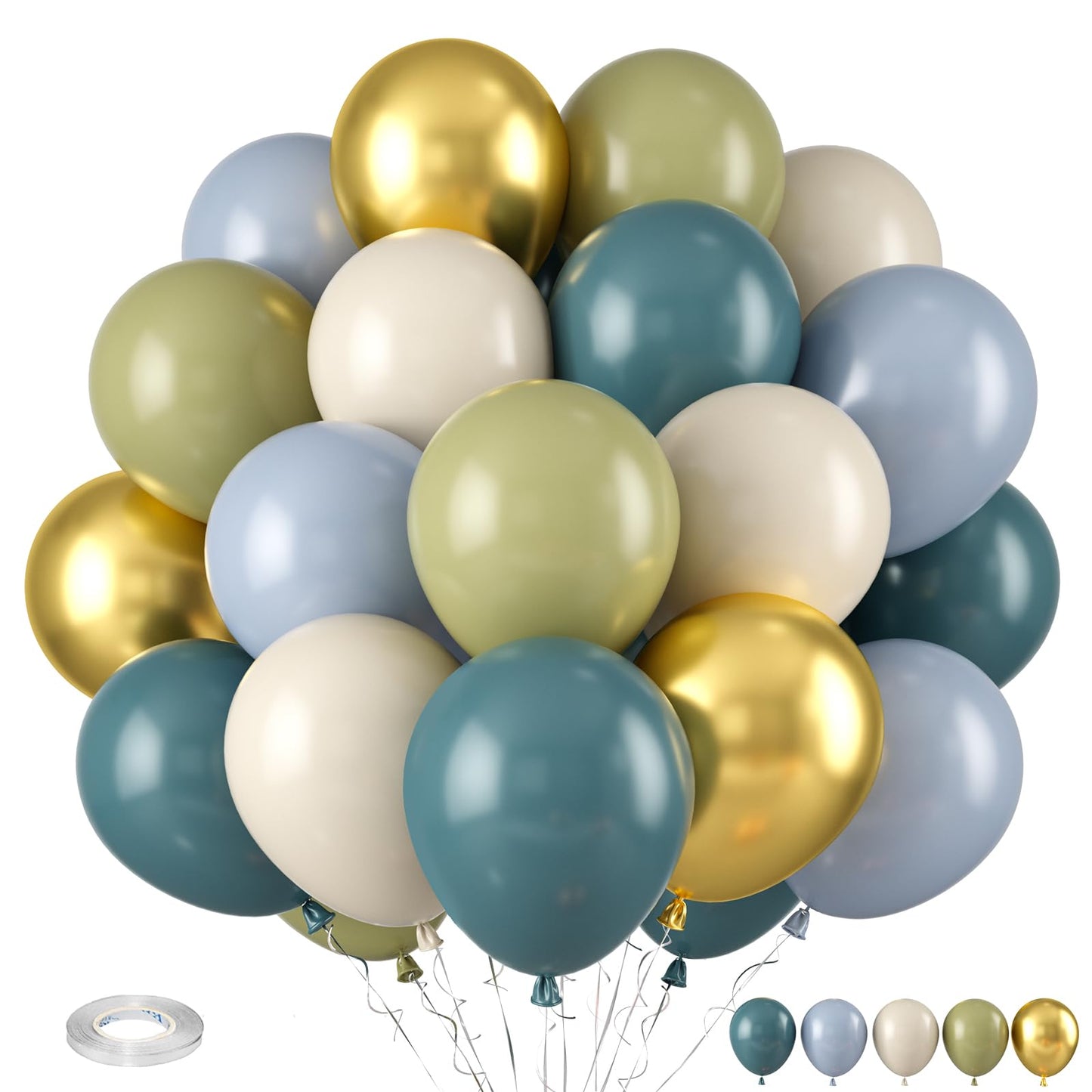 Paready Dusty Blue Green Balloons - Rubber, Boho Birthday & Wedding Decorations, Sage Green & Metallic Gold