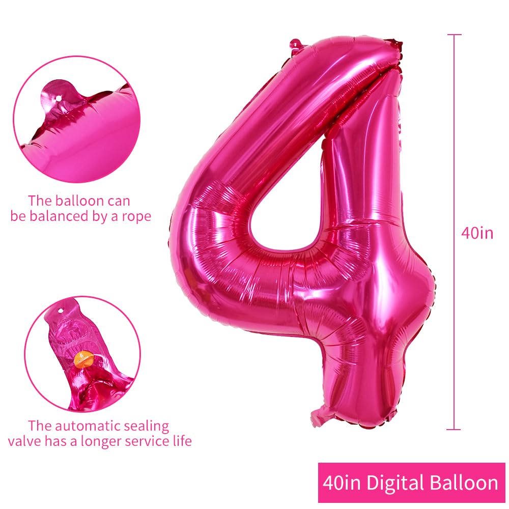 Toniful 40 Inch Hot Pink Large Numbers Balloon 0-9 Birthday Party Decorations,Foil Mylar Big Number 4 Balloon Digital 4 For Birt
