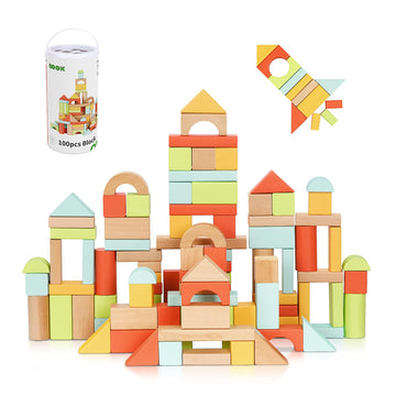 Oook 100Pcs Building Blocks For Toddlers 1-3, Wooden Blocks For Kids With Storage Bucket And Shape Sorter Lid, Montessori Toys F