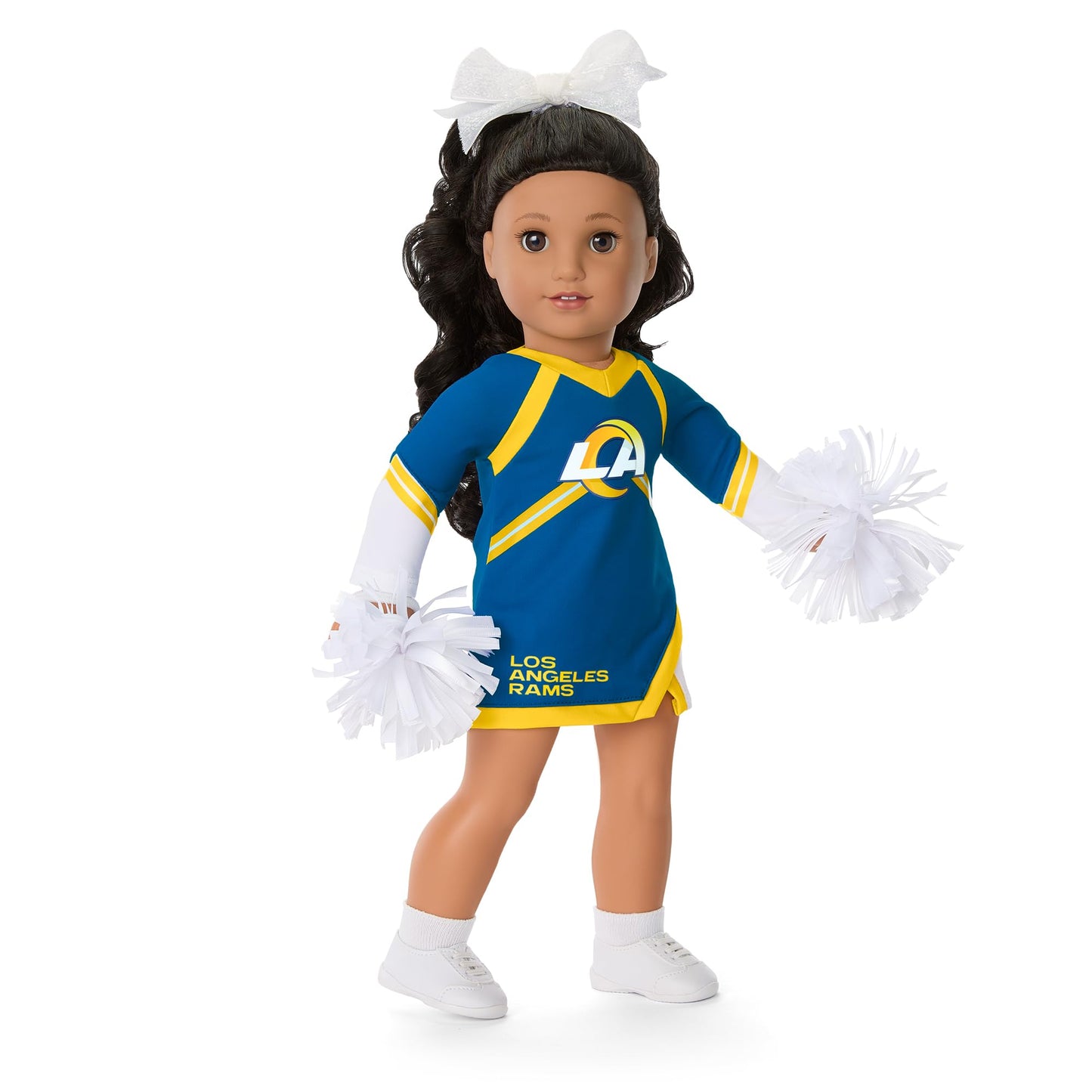 American Girl Los Angeles Rams Cheer Uniform 18 Inch Doll Clothes With Pom Poms, Blue And Yellow, 5 Pcs, Ages 6+