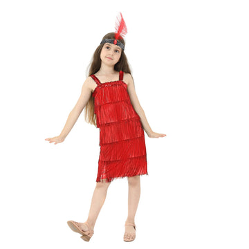 Leadtex Girl'S 20S Flapper Dresses Costume Dress Childrens Party Fringed Dresses With Feather Headband,Size M(8-10),Red
