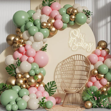 Pink And Green Balloon Arch Garland Kit,137Pcs Sage Green And Pastel Pink White Sand Gold Balloons For Boho Girls Woodland Baby
