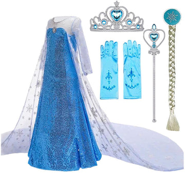 Sototoo Elsa Costume Long Sleeves Princess Dress Queen White Costume Cosplay Dress Up With Accessories Halloween (Navy,7-8Years)